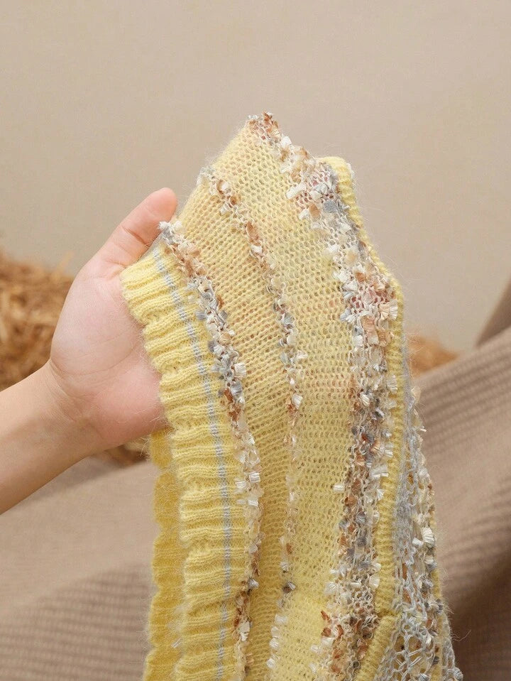 CM-CS923633 Women Elegant Seoul Style Hollow Out Design Round Neck Short Sleeve Knit Sweater - Yellow