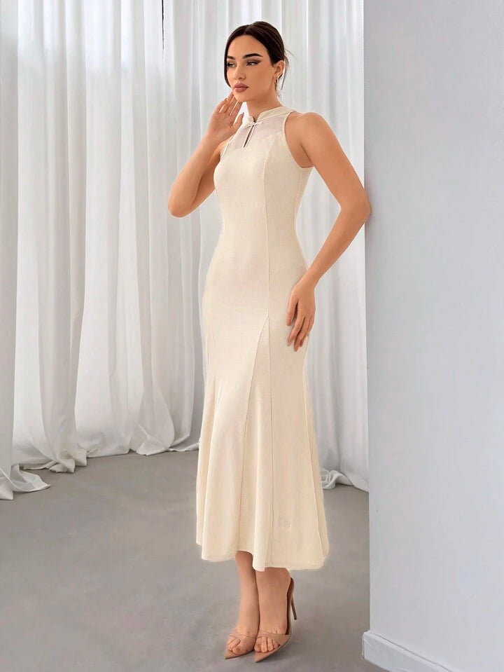 CM-DS881115 Women Elegant Seoul Style Cheongsam Collar Patchwork Mesh Fish Tail hem Dress