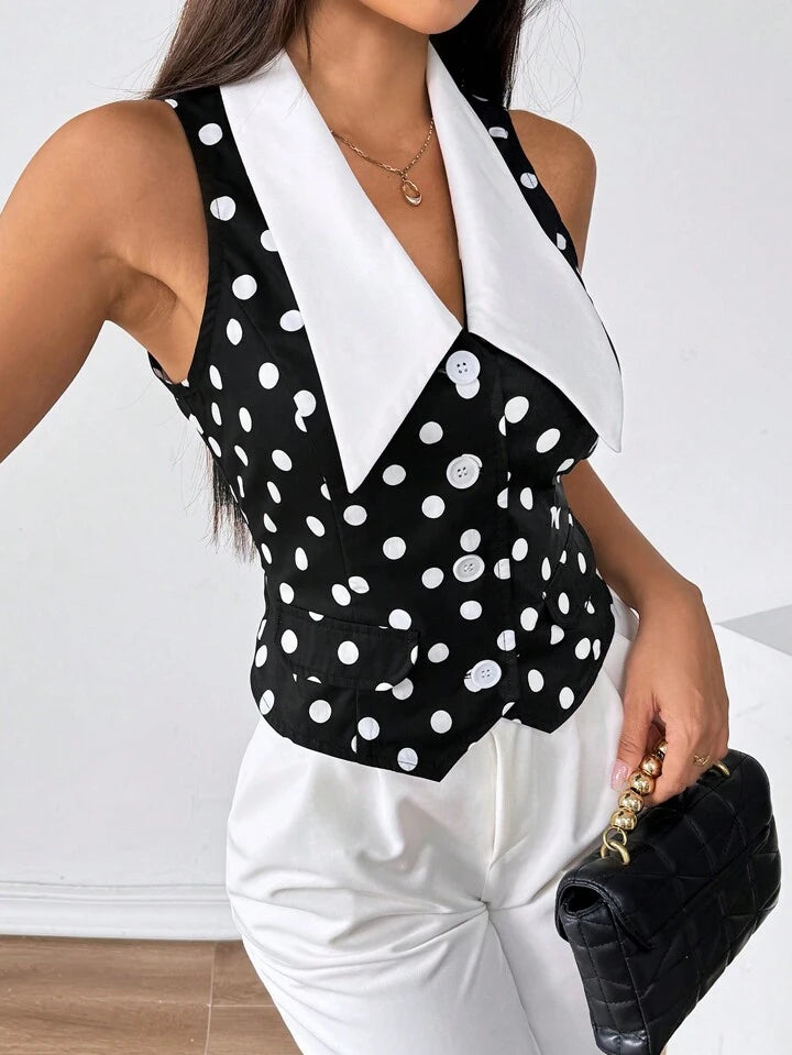 sz2405283825280022CM-TS280022 Women Casual Seoul Style Peter Pan Collar Sleeveless Polka Dot Satin Blouse