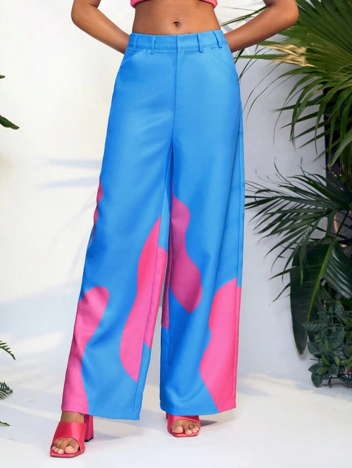 CM-BS231471 Women Casual Seoul Style High Waist Printed Oversized Pants - Blue