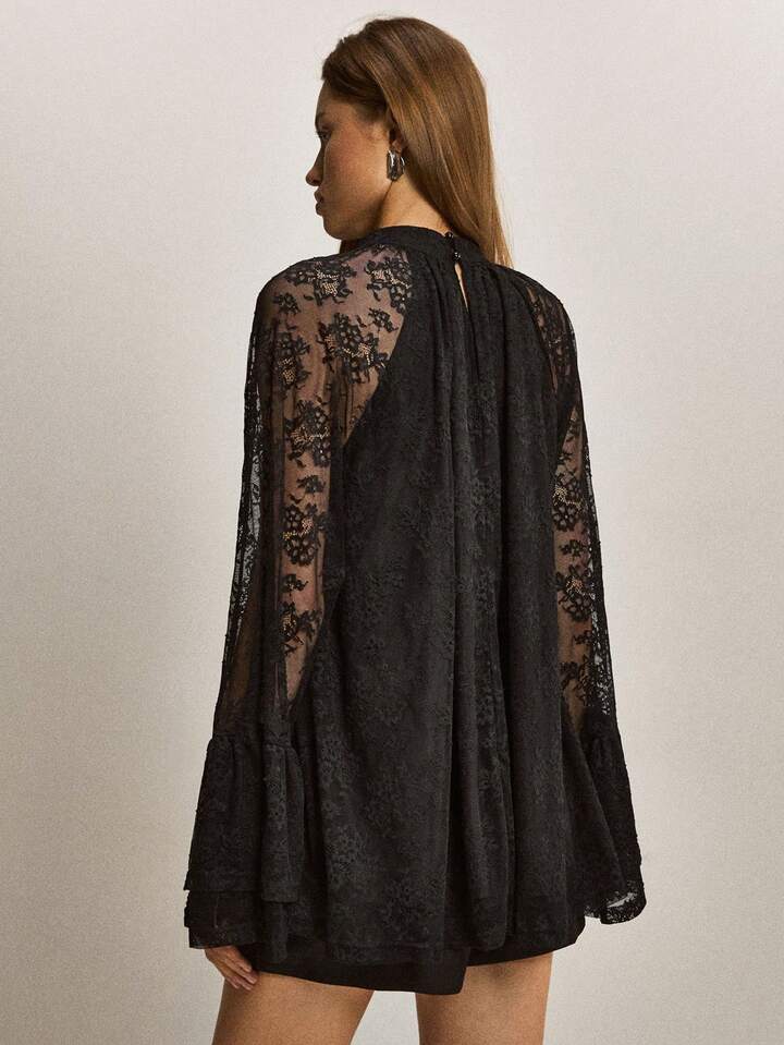 CM-TS633590 Women Elegant Seoul Style Stand Collar Lace Raglan Flare Sleeve Loose Blouse - Black