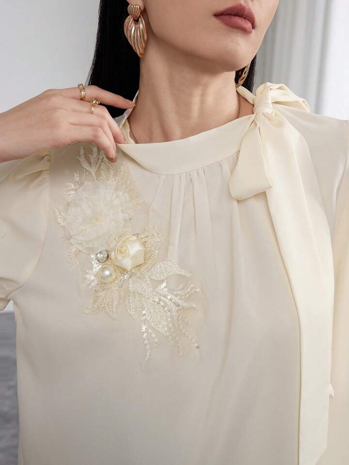CM-TS625563 Women Casual Seoul Style Satin Applique Tie Shoulder Long Sleeve Blouse - Apricot