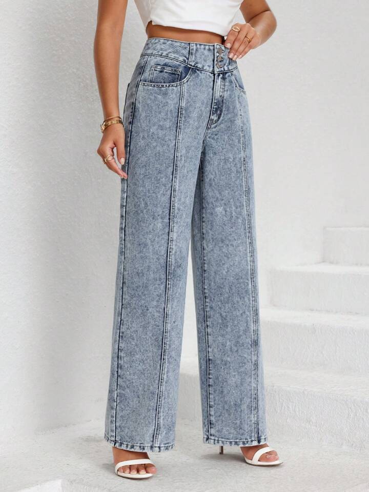 CM-BS591917 Women Casual Seoul Style Light Wash High Waist Seam Detail Straight Leg Jeans