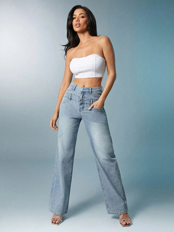 CM-BS540218 Women Casual Seoul Style Front Button Pocket Wide Leg Jeans - Baby Blue