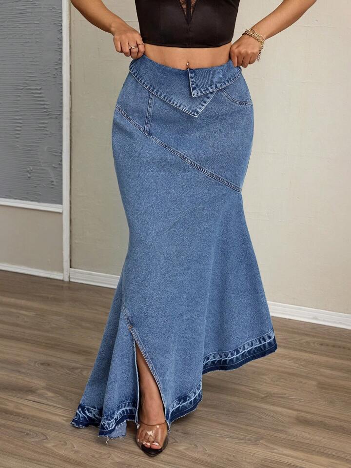 CM-BS787000 Women Casual Seoul Style Asymmetric Hem Folding Waist Denim Skirt - Blue