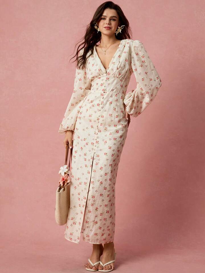 CM-DS269695 Women Elegant Seoul Style Floral Print Hollow Embroidery V-Neck Lantern Sleeve High Slit Maxi Dress