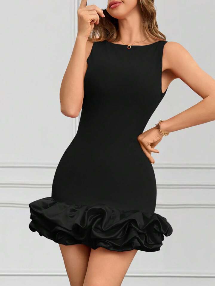 CM-DS349834 Women Elegant Seoul Style Round Neck Sleeveless Ruffle Hem Short A-Line Dress - Black