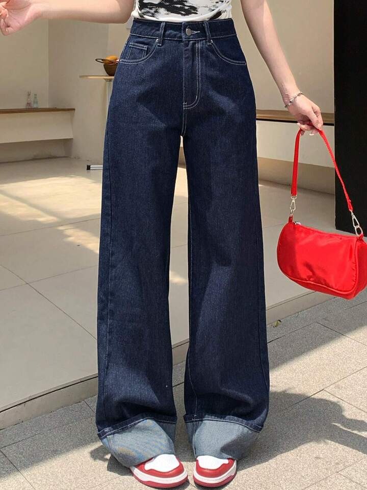 CM-BS770267 Women Casual Seoul Style Dark Wash Mid Waist Distressed Wide Leg Denim Jeans