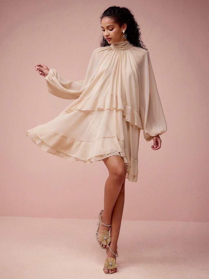 CM-DS462377 Women Elegant Seoul Style Stand Collar Lantern Sleeve Ruffled Short Dress - Apricot