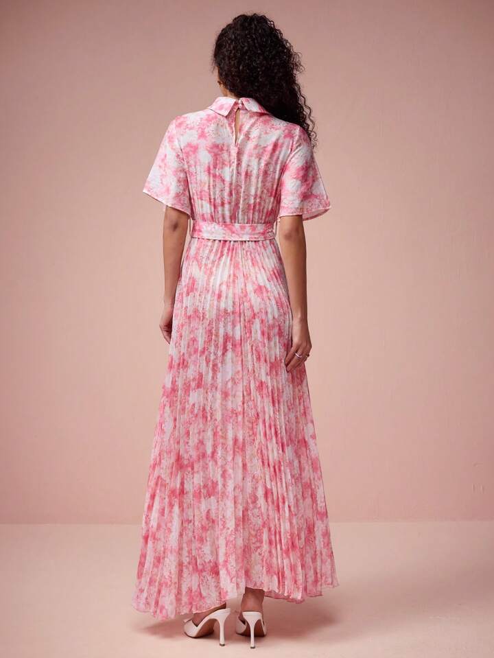 CM-DS632377 Women Elegant Seoul Style Floral Print Lapel Neckline Short Sleeve Belt Pleated Hem Dress