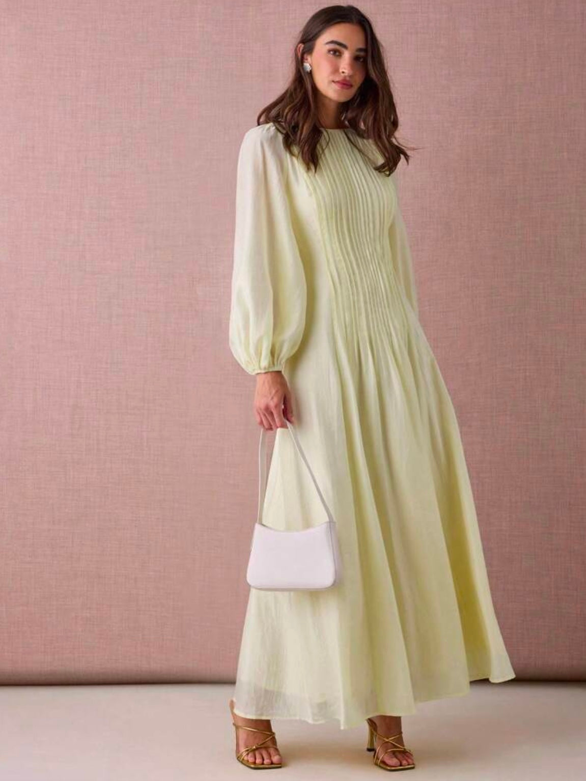 CM-DS915288 Women Elegant Seoul Style Round Neck Lantern Sleeve Pleated Design A-Line Maxi Dress - Yellow