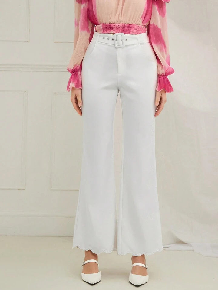 CM-BS067926 Women Casual Seoul Style Belt Loop Embroidery High Waist Flare Leg Pants - White