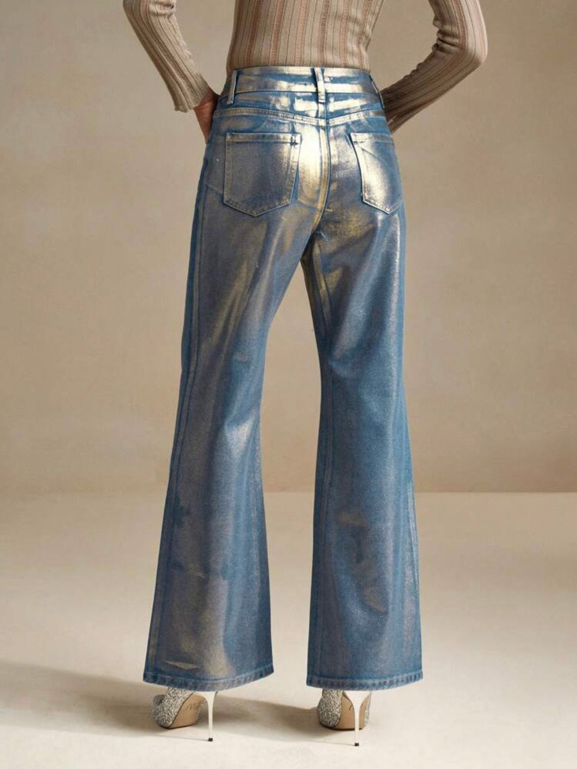 CM-BS502302 Women Elegant Seoul Style Metallic Effect Loose Fit Wide Leg Jeans - Blue
