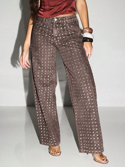 CM-BS944409 Women Casual Seoul Style High Waisted Metal Studs Wide Leg Palazzo Jeans - Burgundy