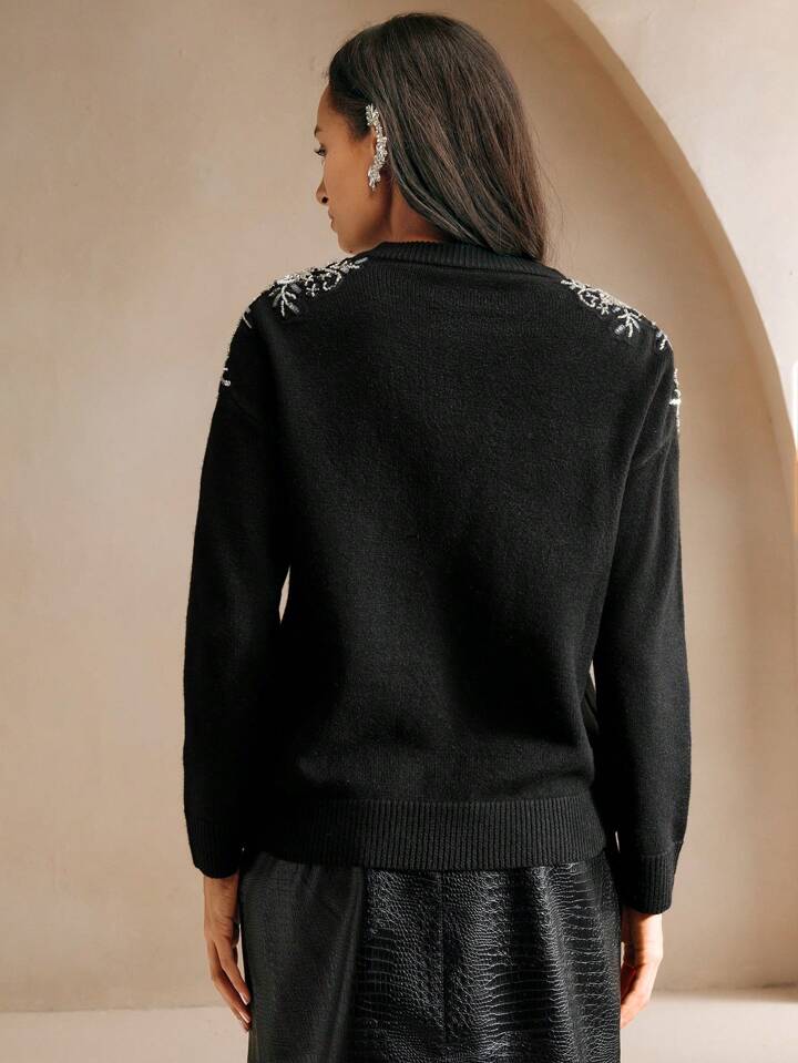 CM-CS888830 Women Casual Seoul Style Diamond Embellished Crew Neck Long Sleeve Sweater - Black