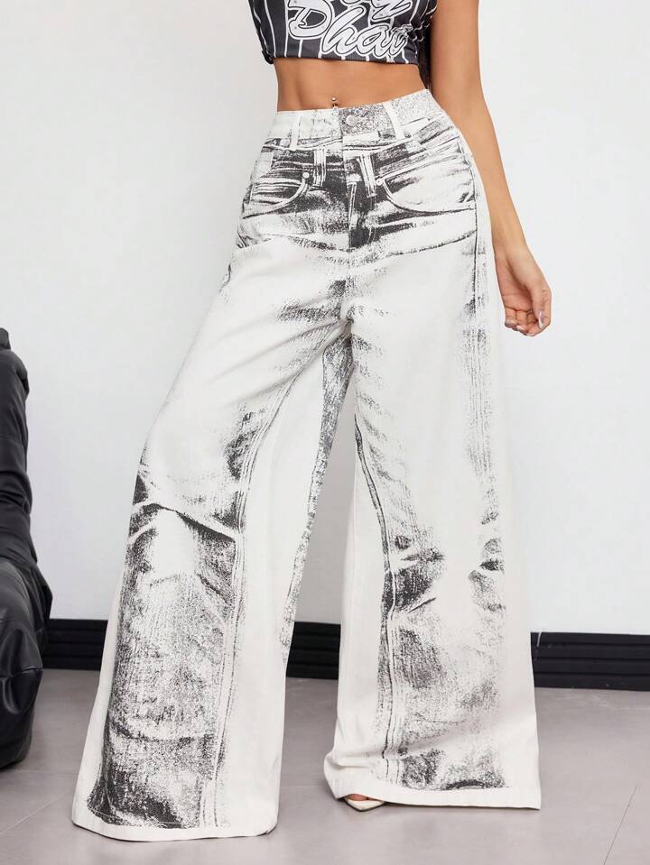 CM-BS908880 Women Casual Seoul Style Low Waist Washed Out Wide Leg Jeans - White