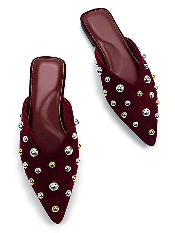 CM-SHS830318 Women Trendy Seoul Style Metal Stud Decor Faux Suede Pointed Toe Slip-On Flats - Burgundy