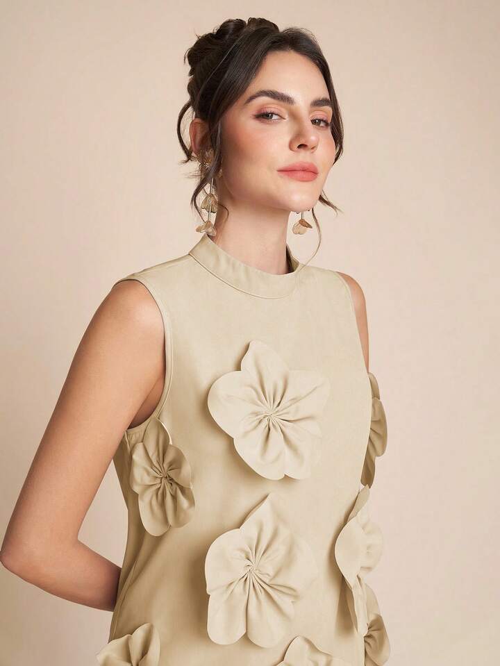 CM-SS359965 Women Elegant Seoul Style Stand Colllar Sleeveless 3D Floral Decor Top With Wide Leg Pants - Set