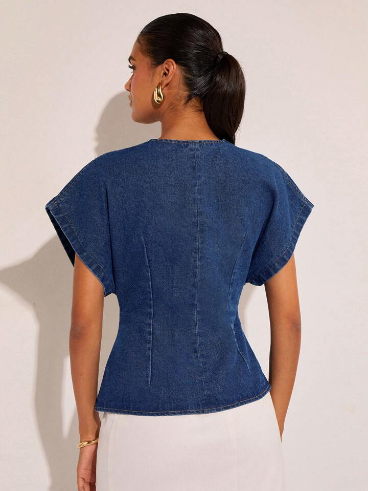 CM-TS555469 Women Casual Seoul Style Dark Wash Single-Button V-Neck Batwing Sleeve Denim Blouse