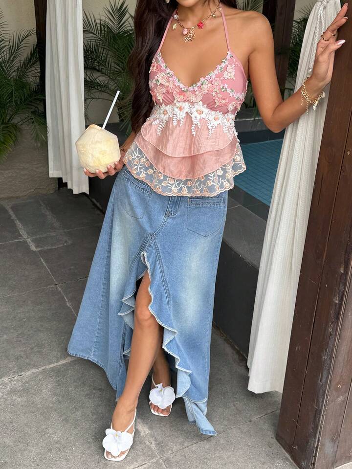 CM-BS272048 Women Casual Seoul Style Light Wash Mid Waist Ruffle High Slit Maxi Denim Skirt