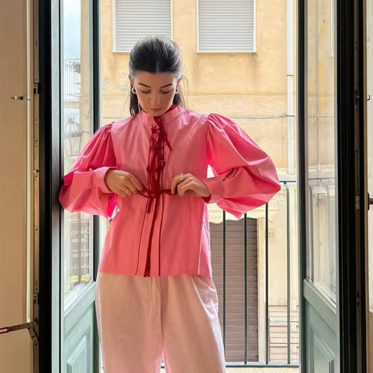 CM-TS326284 Women Elegant Seoul Style Stand Collar Lantern Sleeve Bow Tie Ribbon Blouse - Pink
