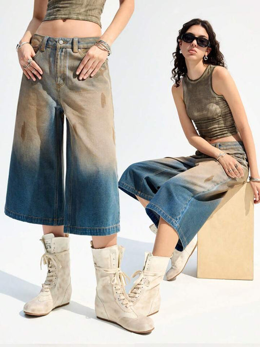 CM-BS727919 Women Casual Seoul Style Loose Flared Wide Leg 7/8 Denim Jeans