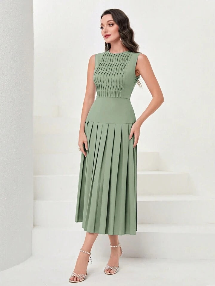 CM-DS782640 Women Elegant Seoul Style Sleeveless Solid Pleated Hem Dress - Green