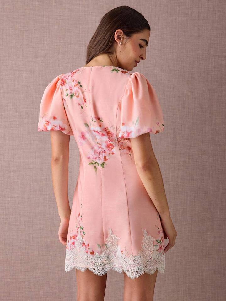 CM-DS460049 Women Elegant Seoul Style Floral Print Round Neck Puff Sleeve Lace Hem Mini Dress - Pink