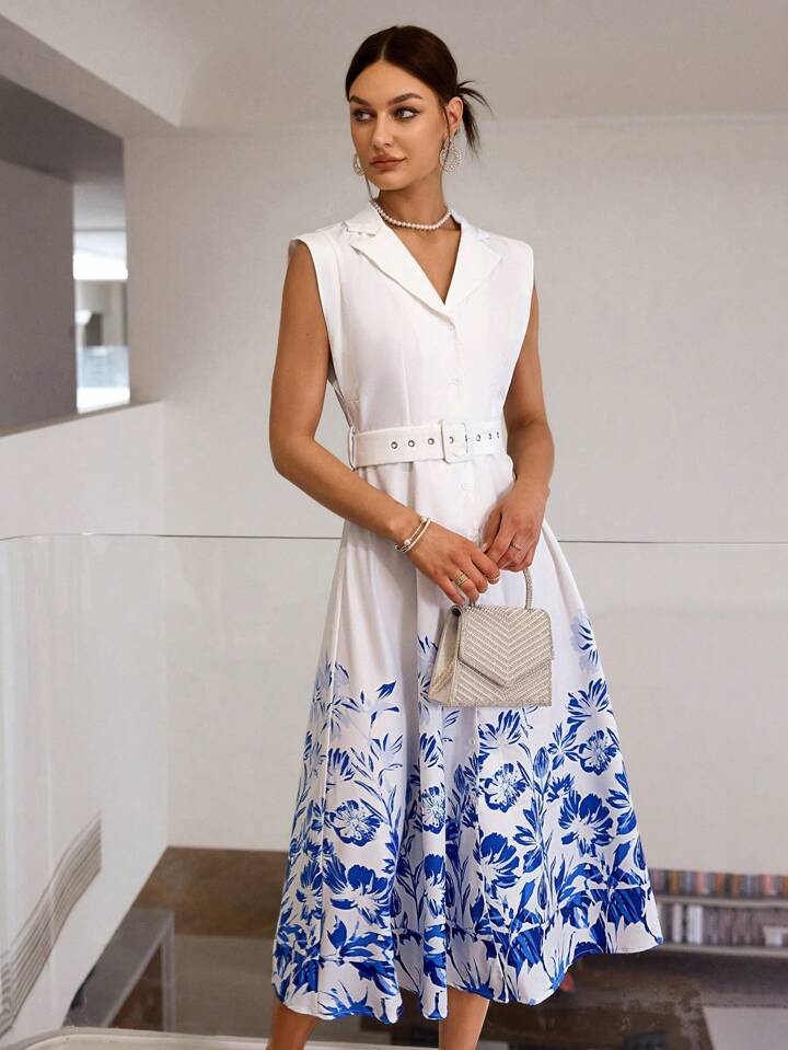 CM-DS824295 Women Elegant Seoul Style Floral Printed Front Button Sleeveless Dress - White