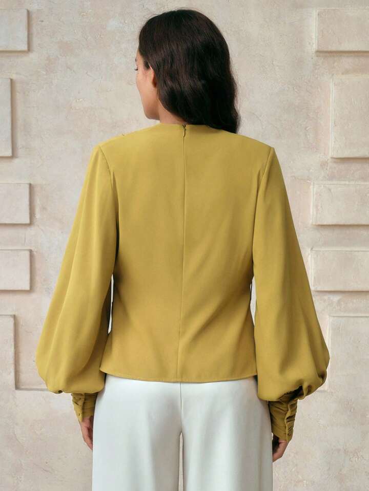 CM-TS912351 Women Elegant Seoul Style Solid Color Swing Lantern Sleeve Asymmetric Ruffle Tie Waist Blouse