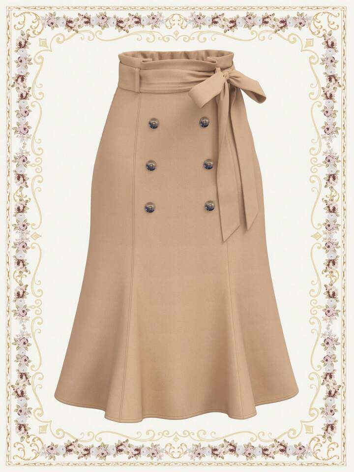 CM-BS221728 Women Casual Seoul Style Double-Breasted Bow Waist Belt Mermaid Skirt - Khaki