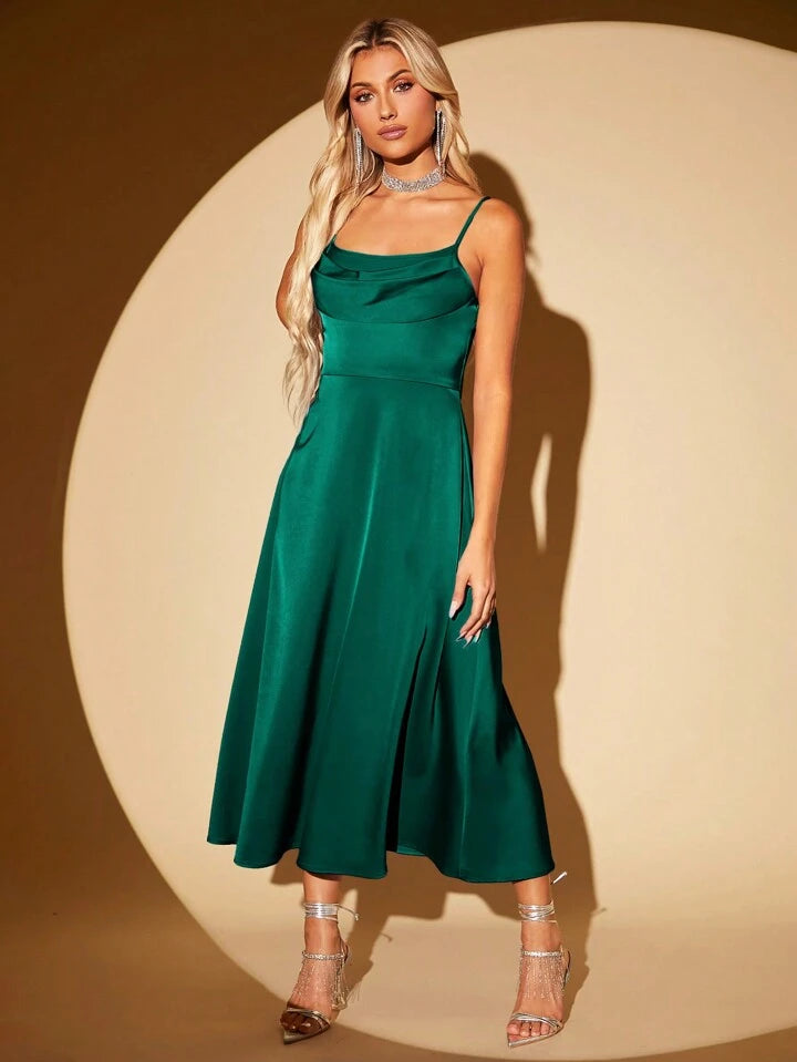 CM-DS283031 Women Elegant Seoul Style Draped Collar Zip Back Cami Dress - Dark Green
