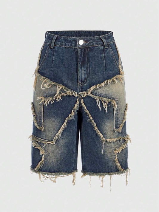 CM-BS626104 Women Casual Seoul Style Patchwork Loose Fit Straight Bermuda Denim Shorts - Blue