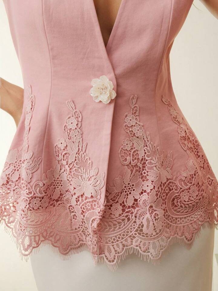 CM-TS199983 Women Elegant Seoul Style Lace Hollow Embroidery V-Neck 3D Floral Sleeveless Blouse - Pink