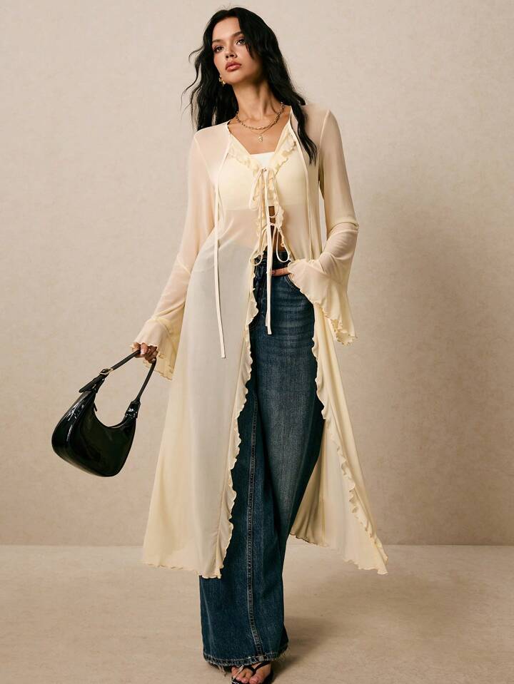 CM-TS834204 Women Casual Seoul Style Solid Color Ruffle Mesh Flare Sleeve Front Tie Long Shirt - Apricot