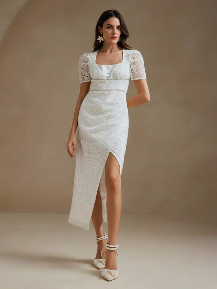 CM-DS149969 Women Elegant Seoul Style Square Neckline Puff Sleeve Lace Slit Midi Dress - White