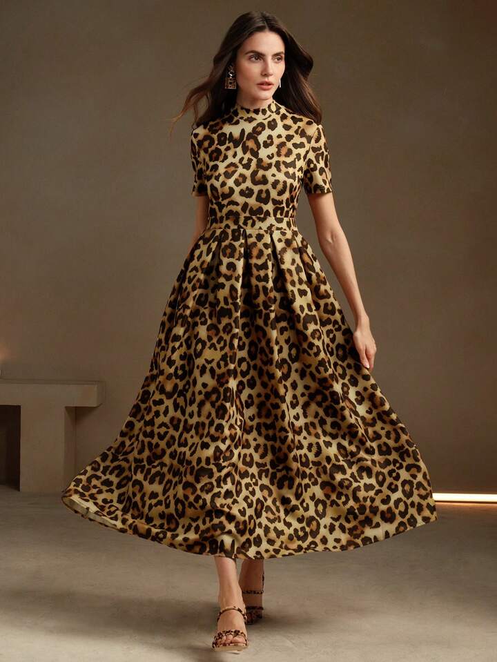 CM-DS457520 Women Elegant Seoul Style Leopard Print Stand Collar Short Sleeve Midi Dress - Coffee