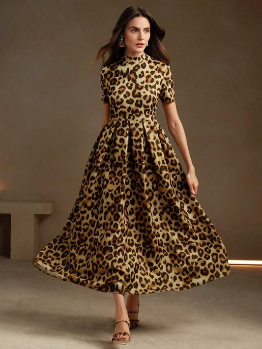 CM-DS457520 Women Elegant Seoul Style Leopard Print Stand Collar Short Sleeve Midi Dress - Coffee