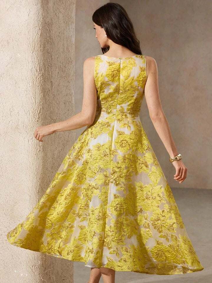 CM-DS045386 Women Elegant Seoul Style Embroidery Decor Sleeveless Fitted Waist Flare Silhouette Long Dress