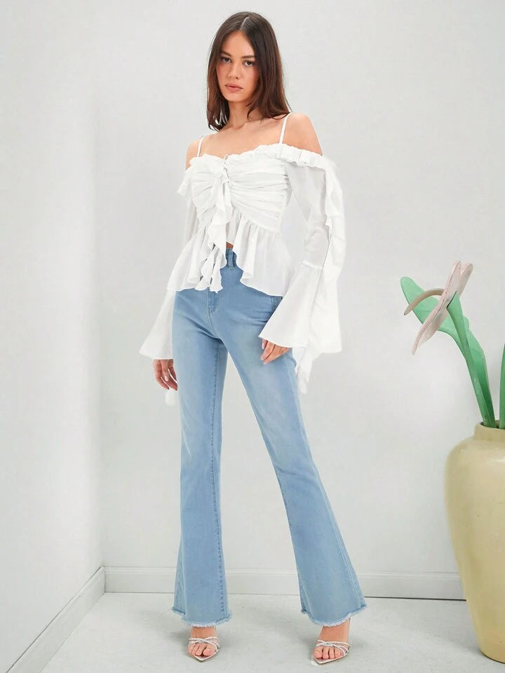CM-TS063968 Women Trendy Bohemian Style Off-Shoulder Ruffle Hemline Pleats Shirts - White
