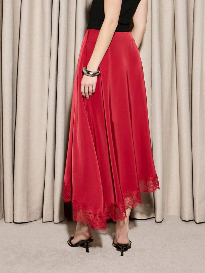 CM-BS631291 Women Elegant Seoul Style Satin Delicate Lace Trim Asymmetric Hanky Hem Design Skirt - Red