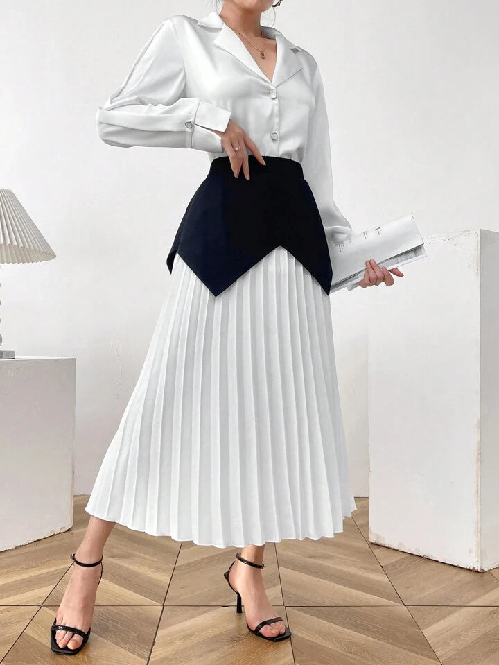 CM-BS695561 Women Elegant Seoul Style Color Block Pleated A-Line Long Skirt