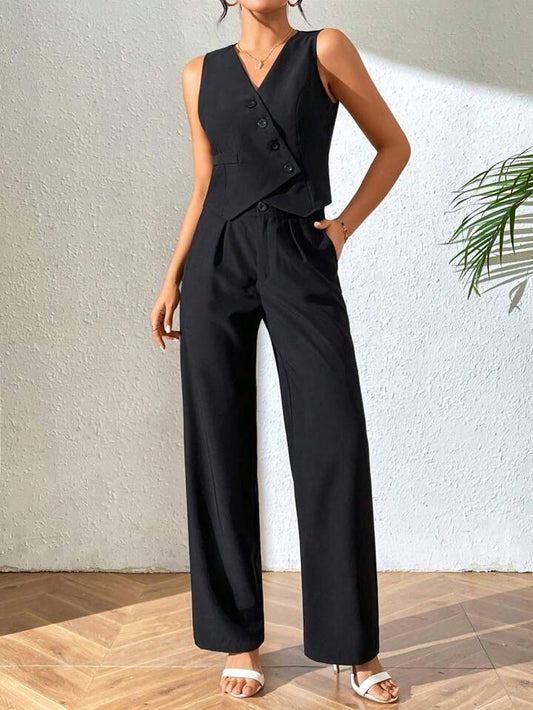 CM-SS558544 Women Elegant Seoul Style Button-Front Sleeveless Waistcoat With Pants Suit - Black