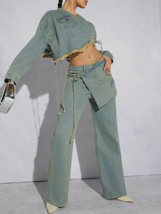 CM-BS258860 Women Casual Seoul Style Light Wash Irregular Waist Tie Solid Color Long Jeans