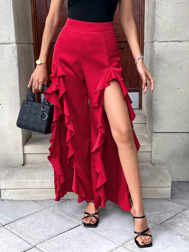CM-BS755952 Women Casual Seoul Style High Waist Ruffle Hem High Slit Wide Leg Pants - Red