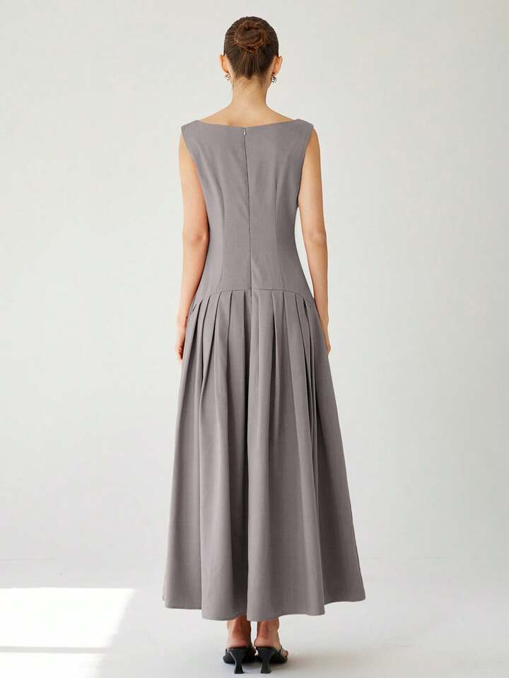 CM-DS887721 Women Elegant Seoul Style Sleeveless Cinched Waist Low Waist Pleated Ruffle Hem Long Dress - Gray