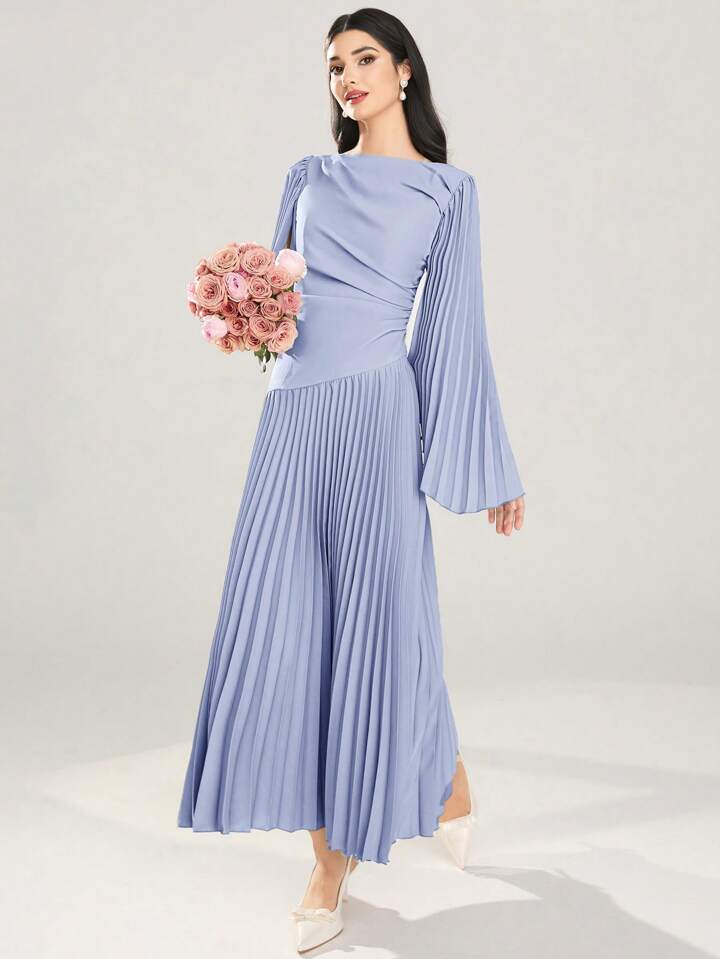 CM-DS986626 Women Elegant Seoul Style Round Neck Long Sleeve Asymmetrical Pleated Dress - Blue