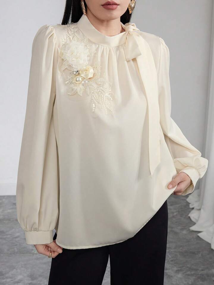CM-TS625563 Women Casual Seoul Style Satin Applique Tie Shoulder Long Sleeve Blouse - Apricot
