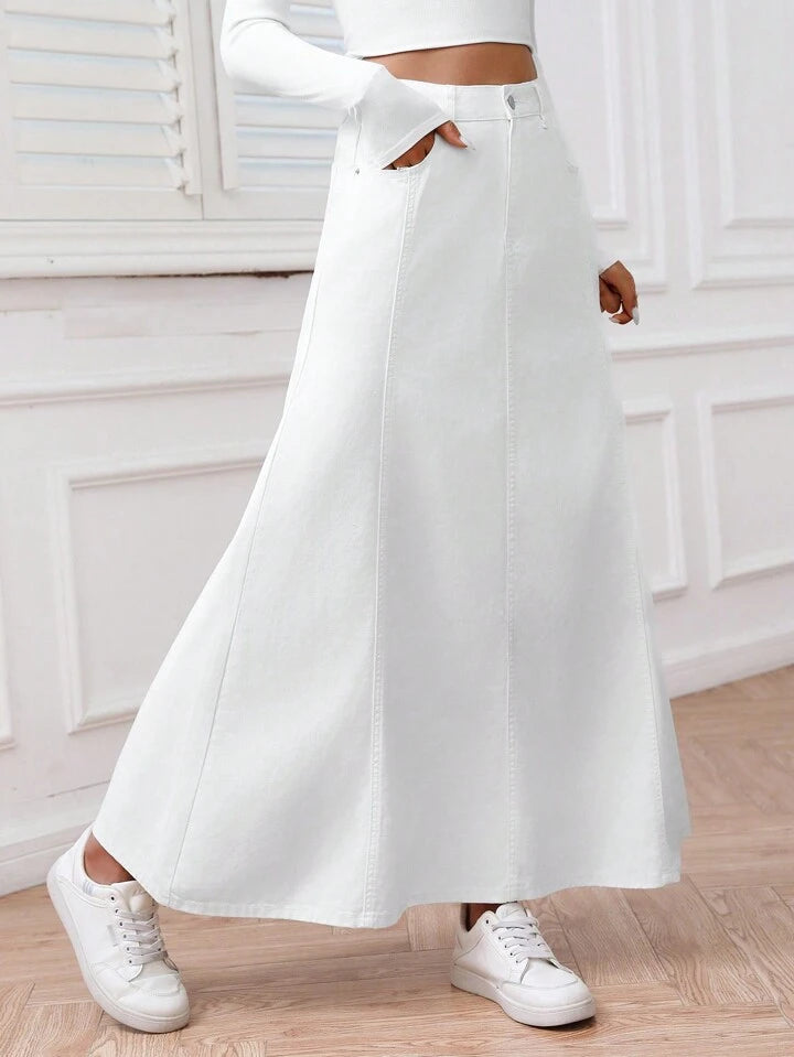 CM-BS098690 Women Casual Seoul Style Solid Color Front Button Pocket Denim Midi Skirt - White