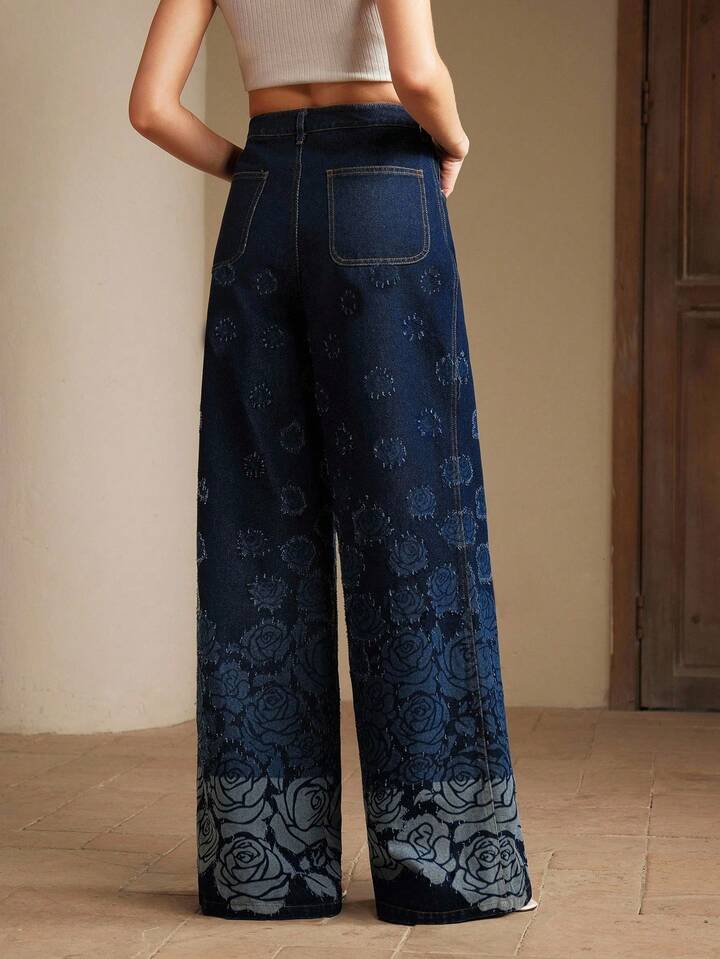 CM-BS167413 Women Casual Seoul Style Dark Wash Rose Floral Print Mid Waist Wide Leg Jeans